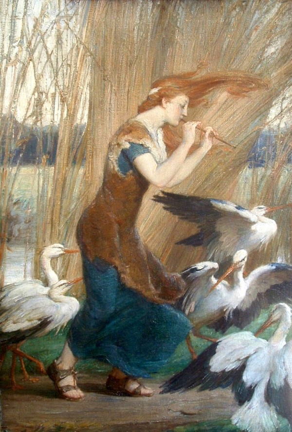 Girl playing along with storks by Talbot Hughes